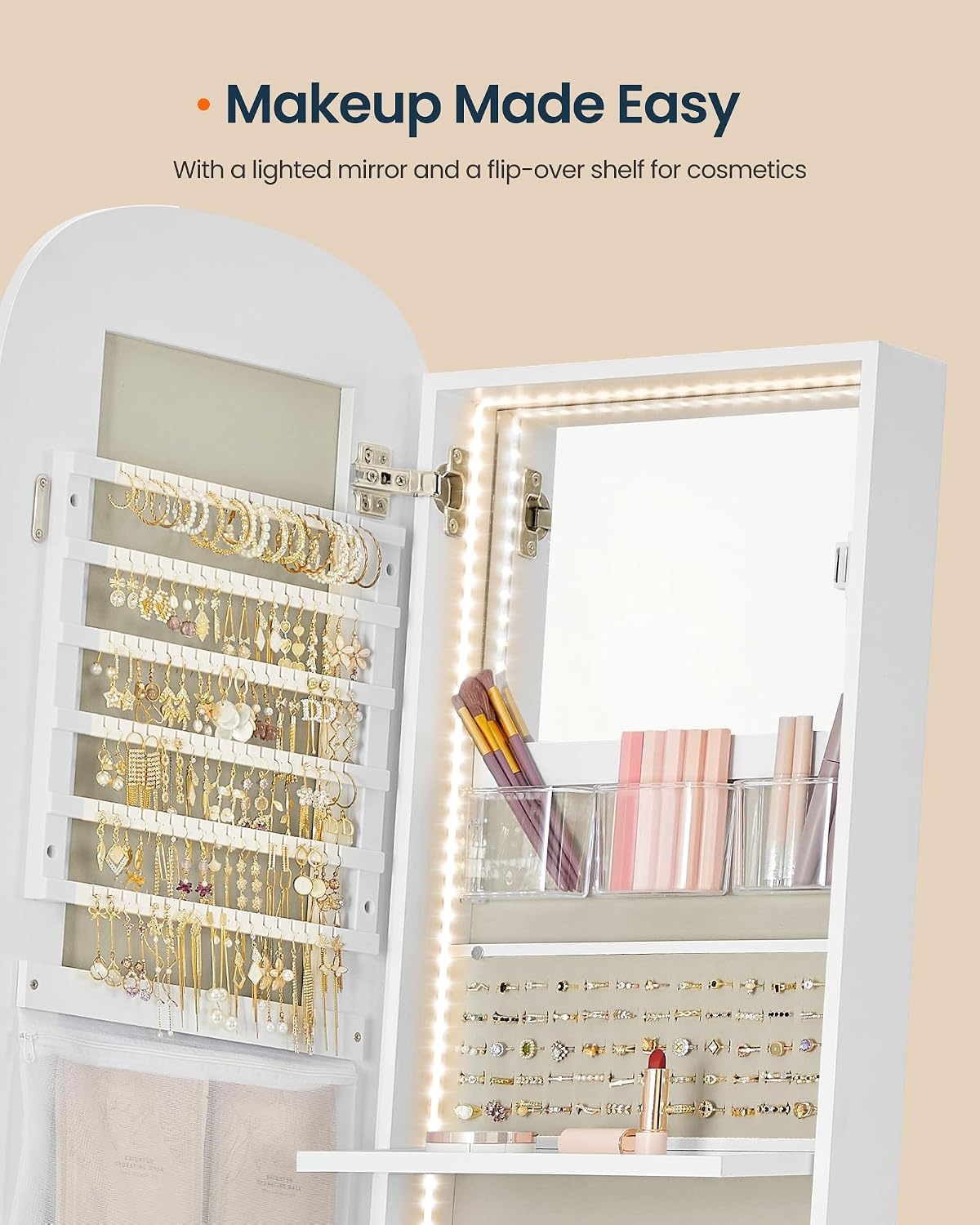 image:imageSONGMICS HOME Standing Jewelry Armoire Full Length Mirror with StorageWhite Greige