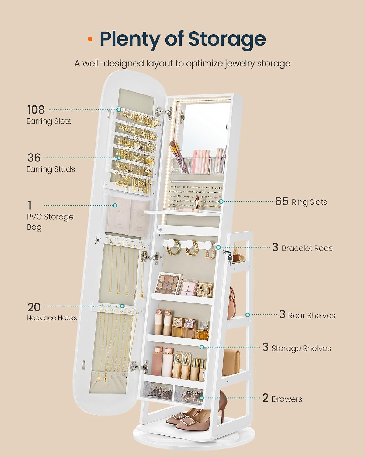 image:imageSONGMICS HOME Standing Jewelry Armoire Full Length Mirror with StorageWhite Greige