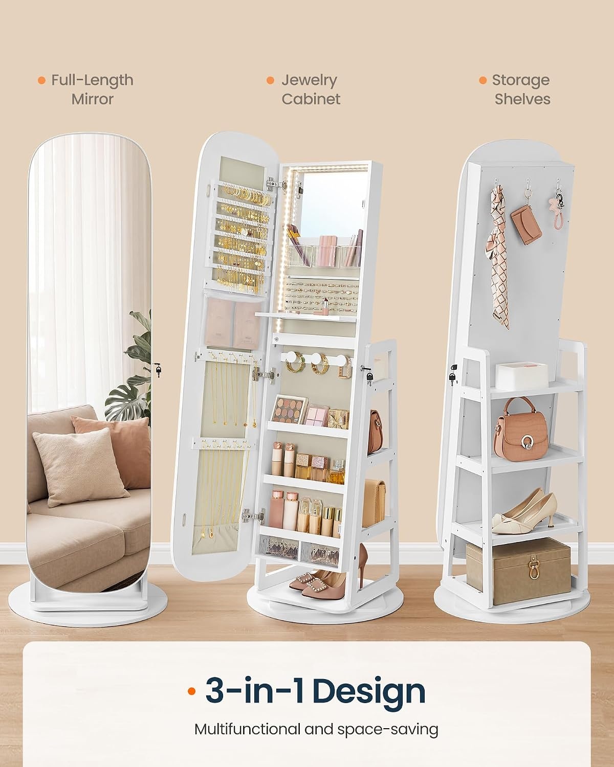image:imageSONGMICS HOME Standing Jewelry Armoire Full Length Mirror with StorageWhite Greige