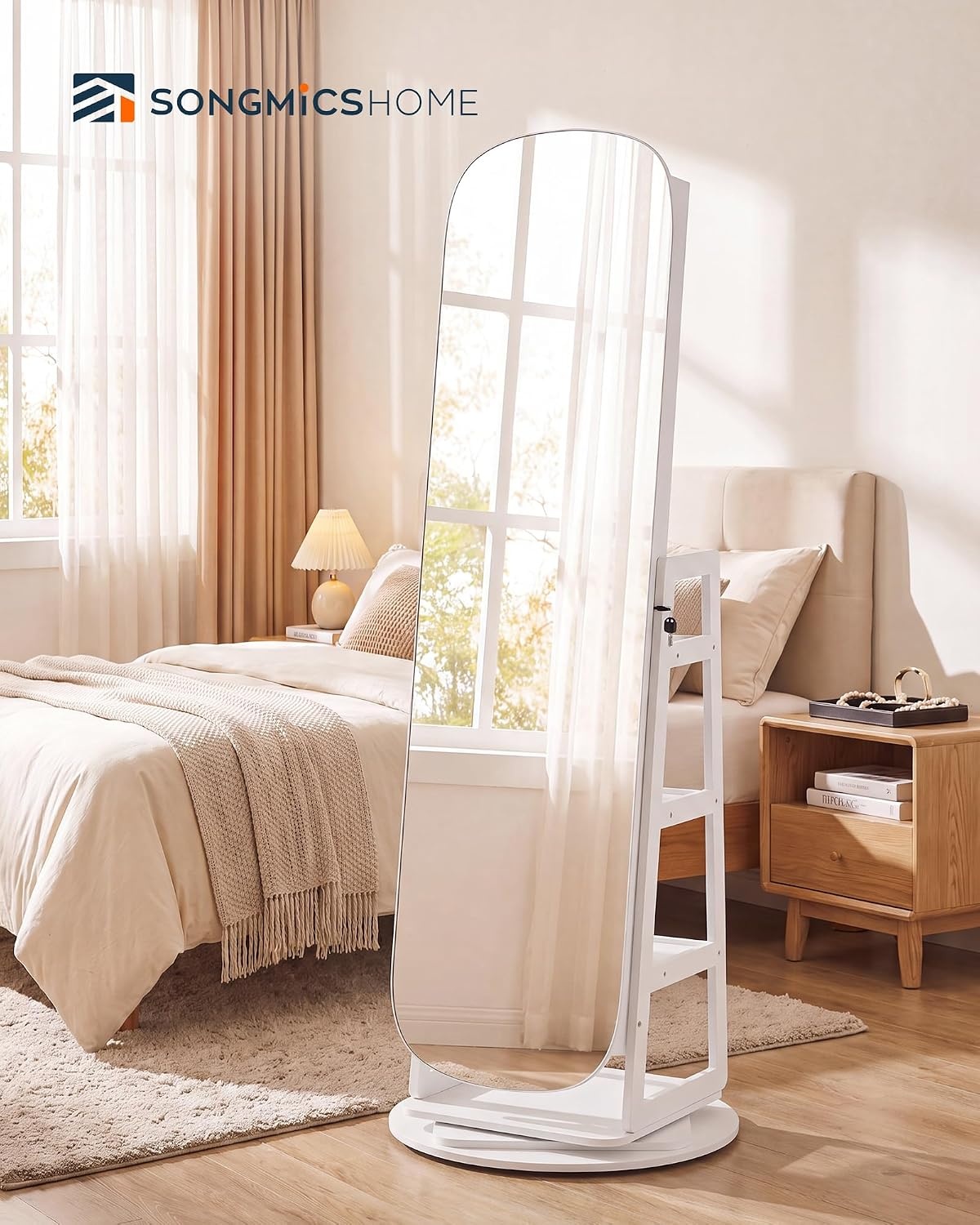 image:imageSONGMICS HOME Standing Jewelry Armoire Full Length Mirror with StorageWhite Greige