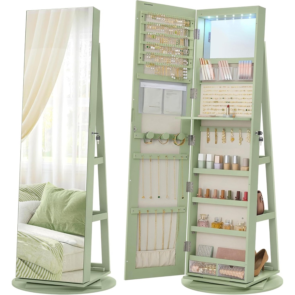 image:imageSONGMICS 6 LEDs Mirror Jewelry Cabinet Organizer 360 Swivel LockableLaurel Green Cream White