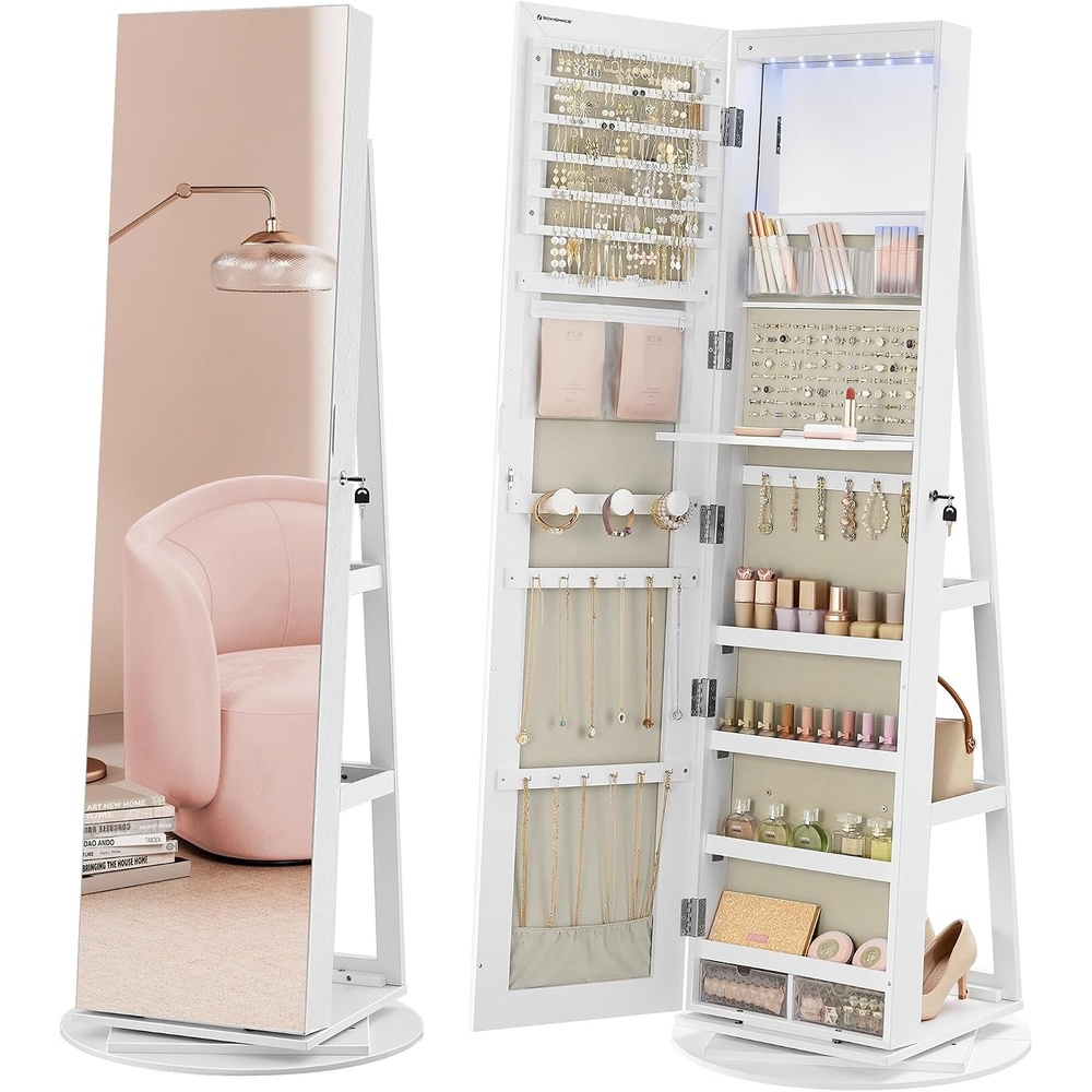image:imageSONGMICS 6 LEDs Mirror Jewelry Cabinet Organizer 360 Swivel LockableWhite Greige