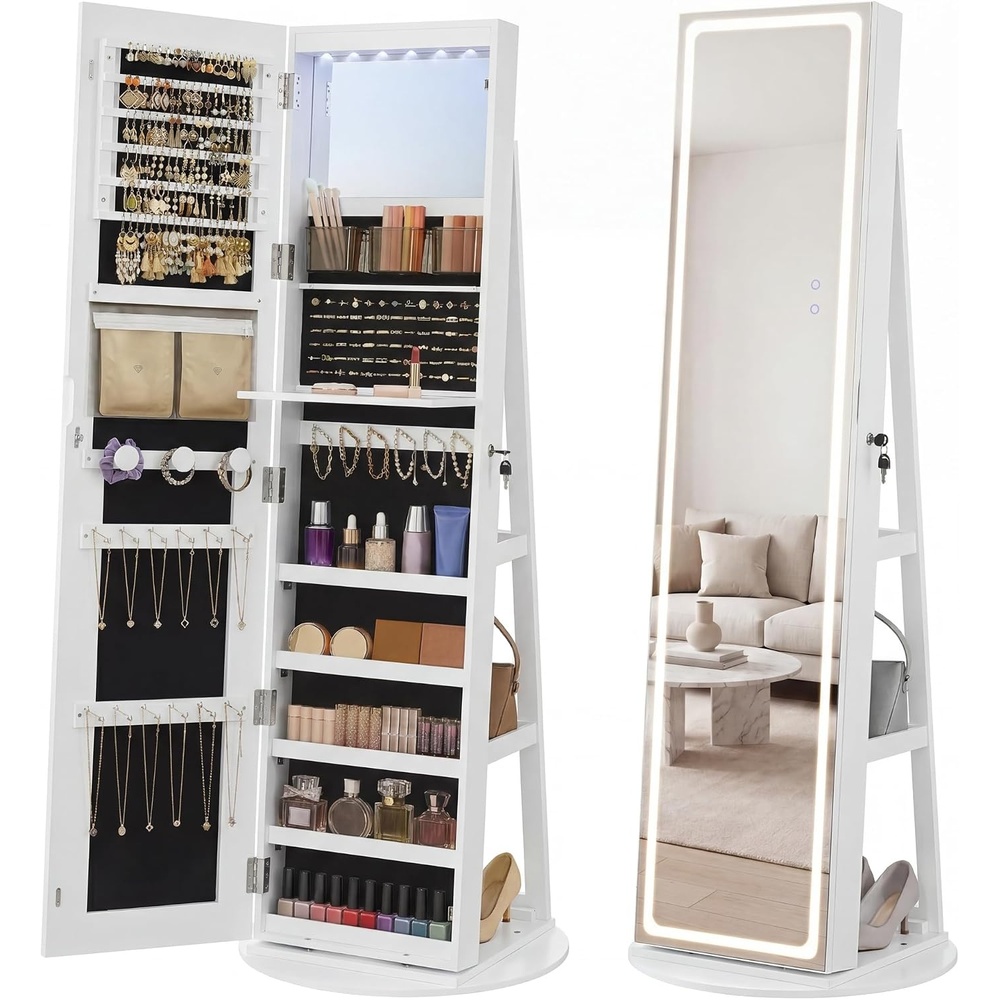 image:imageSONGMICS HOME LED Standing Jewelry Armoire Vanity Mirror with StorageWhite