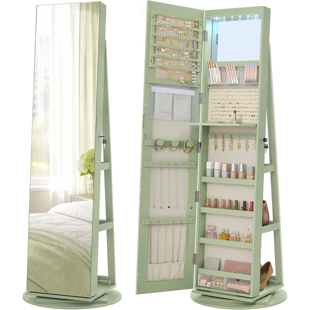 image:imageSONGMICS HOME Standing Jewelry Armoire Full Length Mirror with StorageLaurel Green Cream White