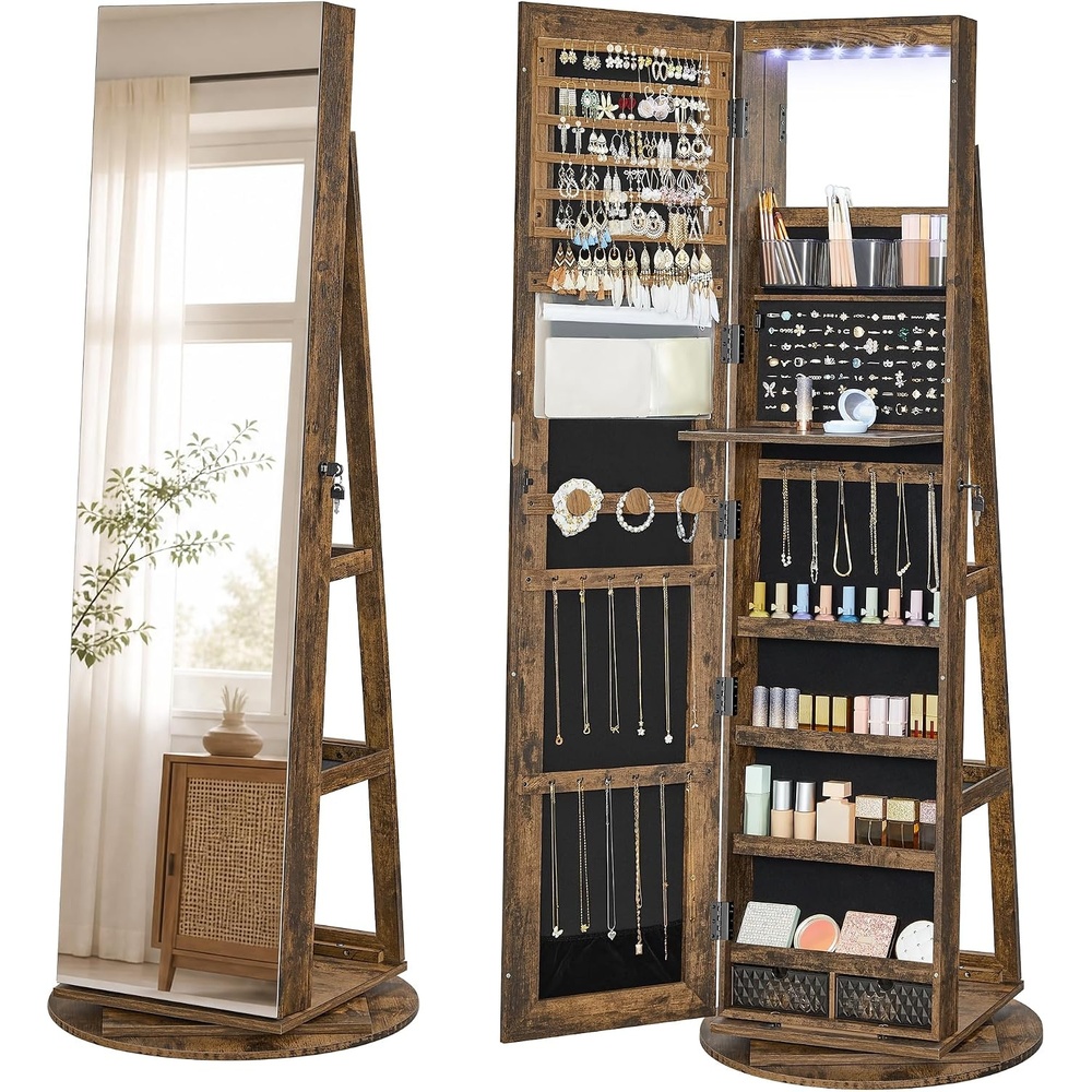 image:imageSONGMICS HOME Standing Jewelry Armoire Full Length Mirror with StorageRustic Brown