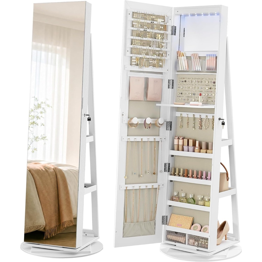 image:imageSONGMICS HOME Standing Jewelry Armoire Full Length Mirror with StorageWhite Greige