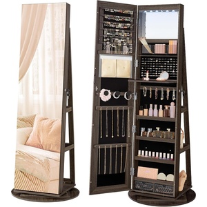 SONGMICS 6 LEDs Mirror Jewelry Cabinet Organizer, 360° Swivel, Lockable(Ash Brown + Black)