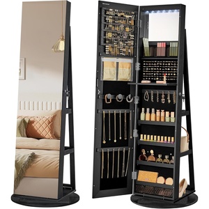 SONGMICS 6 LEDs Mirror Jewelry Cabinet Organizer, 360° Swivel, Lockable(Black)