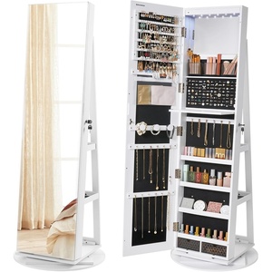 SONGMICS 6 LEDs Mirror Jewelry Cabinet Organizer, 360° Swivel, Lockable(White + Black)
