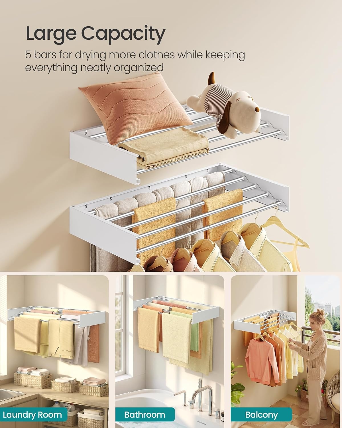 image:imageSONGMICS Clothes Drying Rack WallMounted Foldable with Storage ShelfFoldable315W