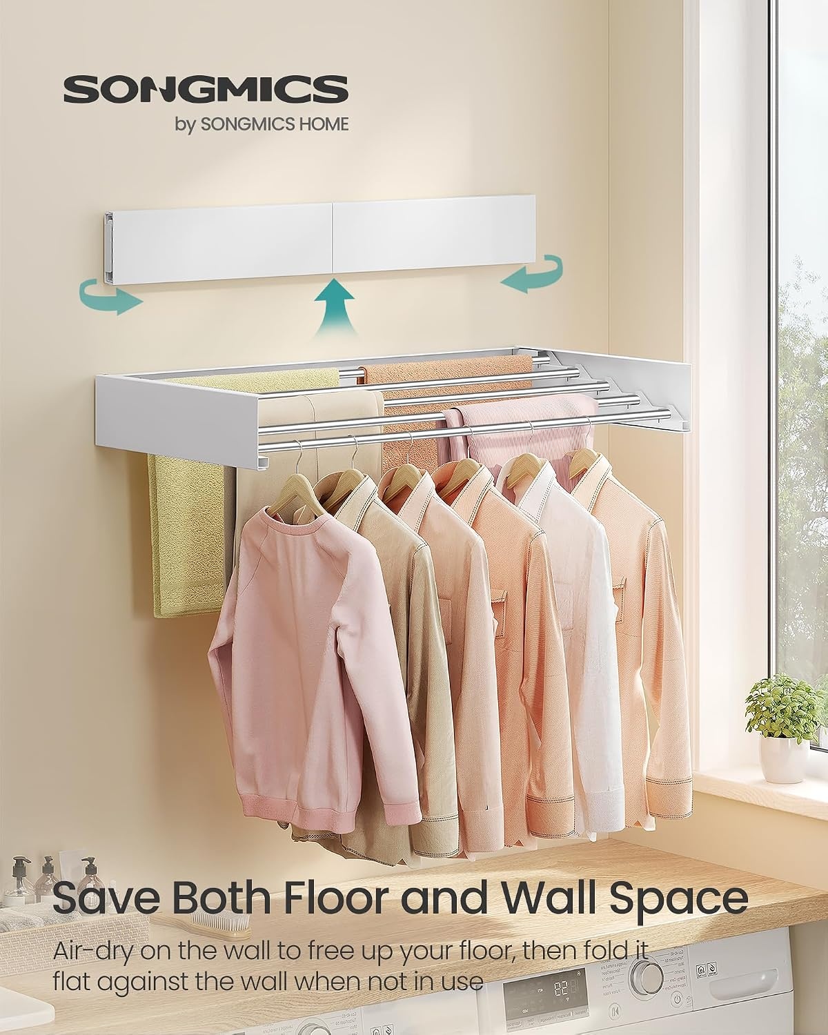 image:imageSONGMICS Clothes Drying Rack WallMounted Foldable with Storage ShelfFoldable315W