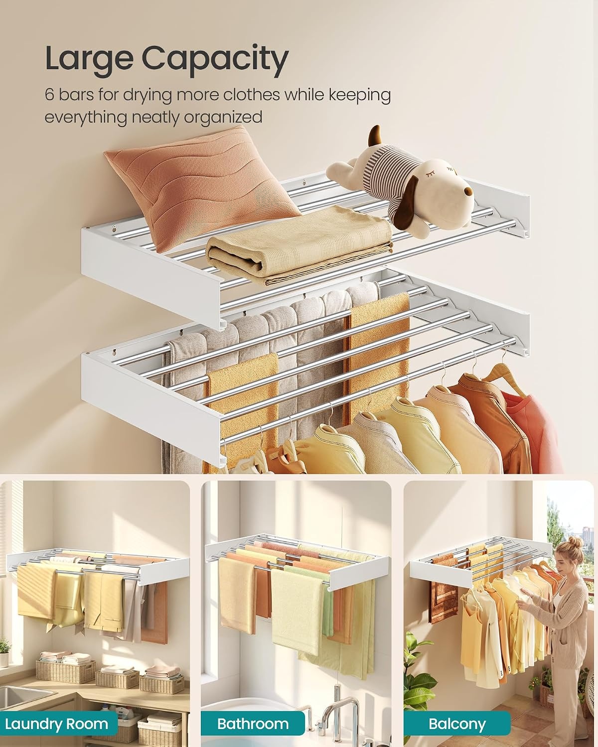 image:imageSONGMICS Clothes Drying Rack WallMounted Foldable with Storage ShelfFoldable394W