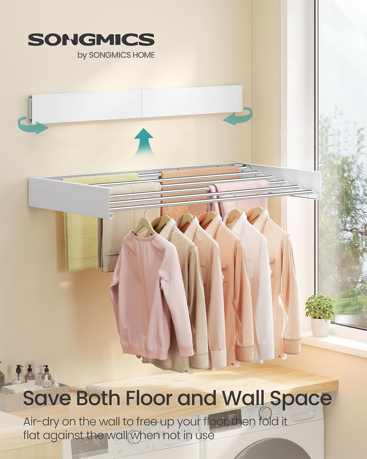 image:imageSONGMICS Clothes Drying Rack WallMounted Foldable with Storage ShelfFoldable394W