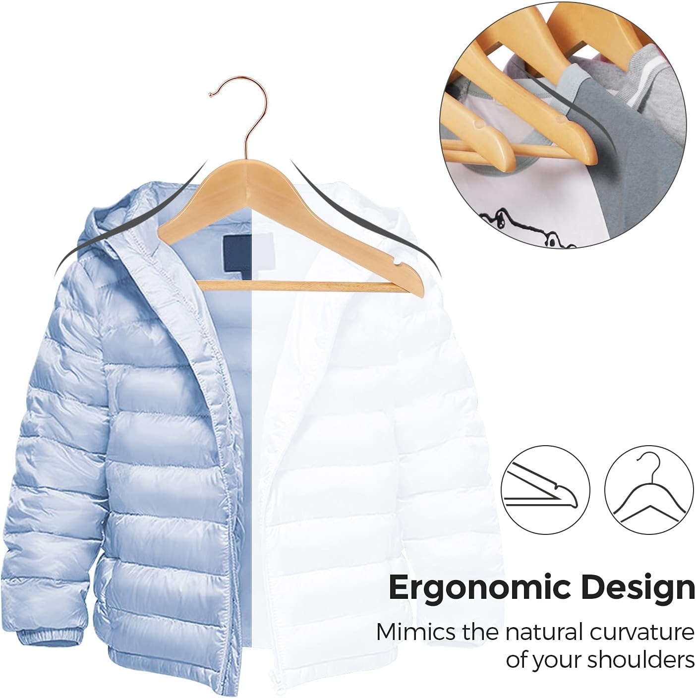 image:imageSONGMICS 20 Kidss Hangers and 12 Pants Hangers Bundle Childrens Coat and Jeans Hangers NonSlip Solid Wood Hangers Natural and Rose Gold UCRW006N03 and UCRW00712