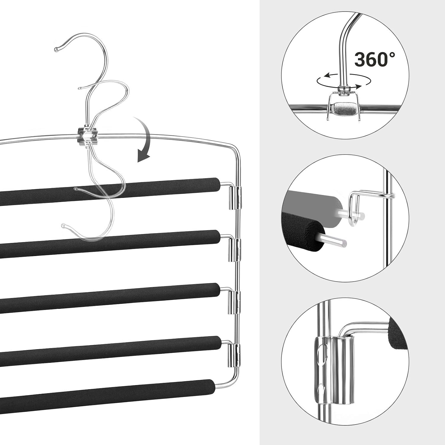 image:imageSONGMICS Pants Hangers Space Saving 5 Layer Pants Hangers Set of 2 Multiple Pant Hanger Pants Organizer Hanger Swing Arm Pants Hangers with NonSlip Padding Silver and Black UCRI041B02