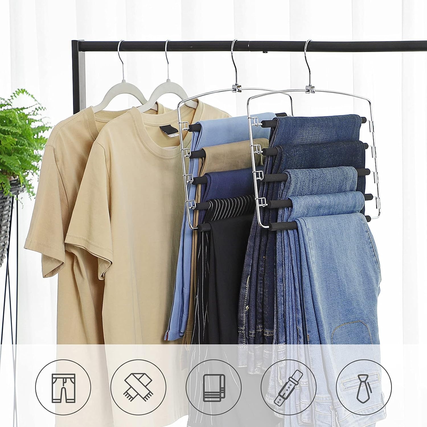 image:imageSONGMICS Pants Hangers Space Saving 5 Layer Pants Hangers Set of 2 Multiple Pant Hanger Pants Organizer Hanger Swing Arm Pants Hangers with NonSlip Padding Silver and Black UCRI041B02