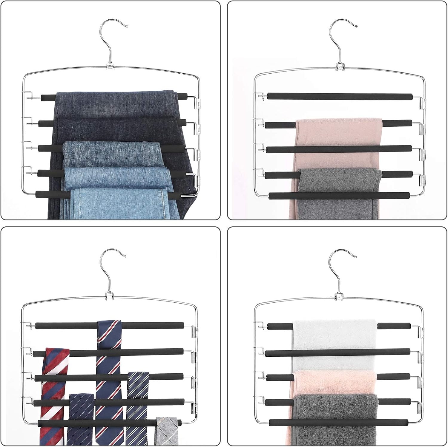 image:imageSONGMICS Pants Hangers Space Saving 5 Layer Pants Hangers Set of 2 Multiple Pant Hanger Pants Organizer Hanger Swing Arm Pants Hangers with NonSlip Padding Silver and Black UCRI041B02