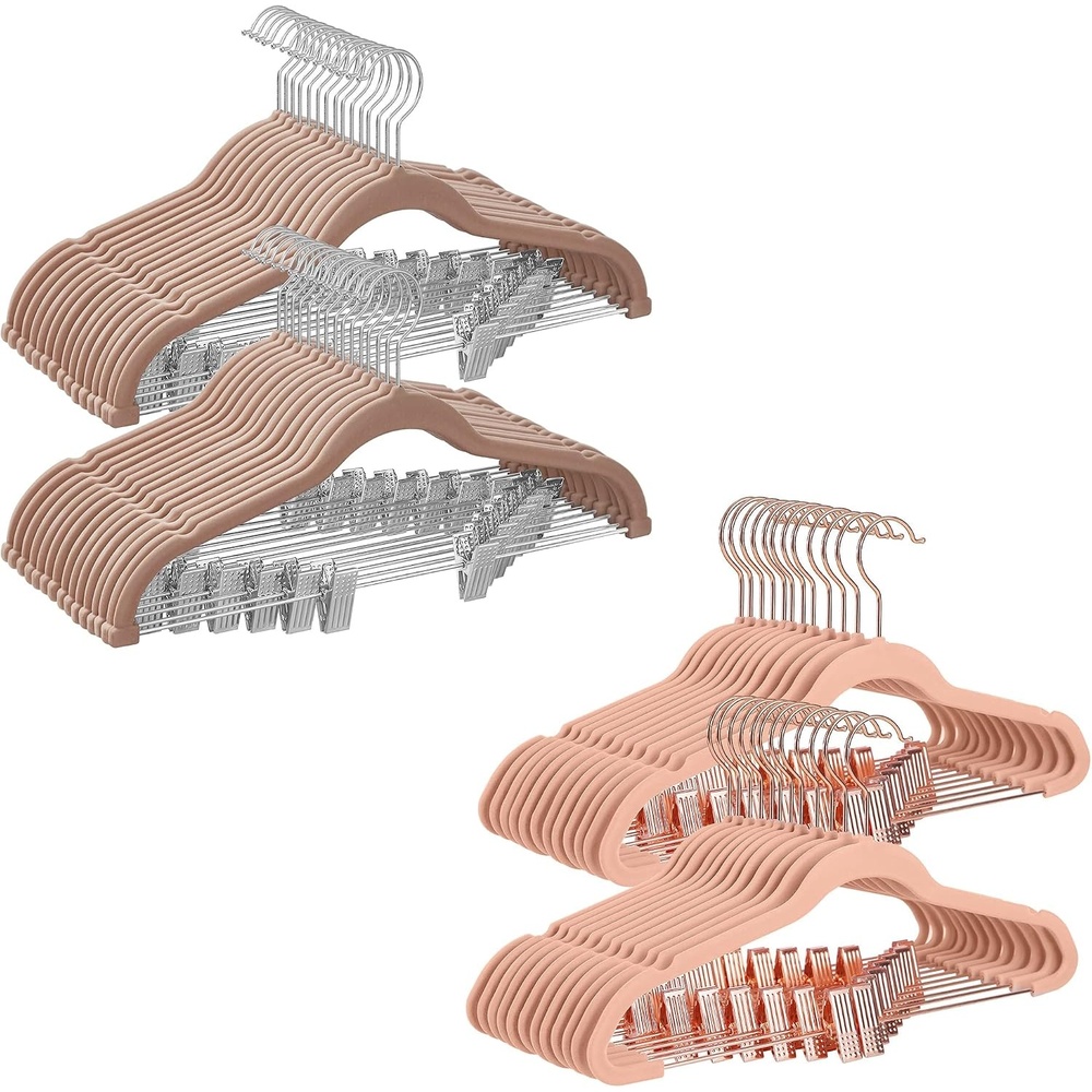 image:imageSONGMICS 30Pack Pants Hangers and 24Pack Pants Hangers Bundle Clothes Hangers with Adjustable Clips NonSlip SpaceSaving Pale Brown and Light Pink UCRF012LB30 and UCRF14PK24