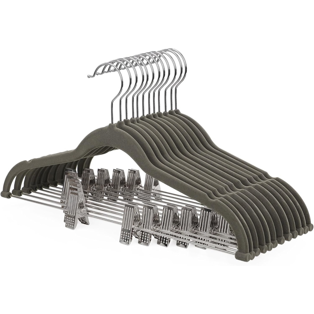 image:imageSONGMICS Hangers 12Pack Pant Hangers Velvet NoSlip Strong Enough and Space Saving with Metal Clips Grooves Hook for Coat Pants Jacket Gray UCRF12V