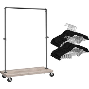 SONGMICS 30-Pack Pants Hangers and Rolling Clothes Rack Bundle, Velvet Hangers with Adjustable Clips, Heavy-Duty Clothing Rack, Clothing Organization Bundle, Black and Greige UCRF12B30 and UHSR065B02