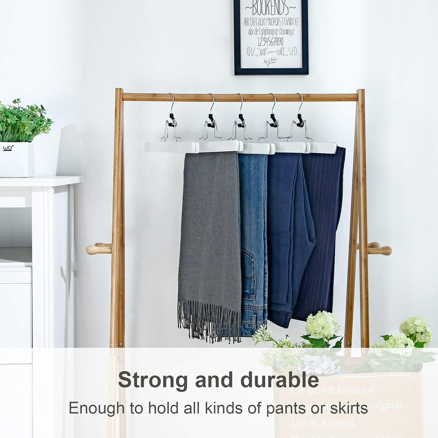 image:imageSONGMICS 12 Pack Wooden Pants Hangers Premium Solid Wood with NonSlip Felt Hold Pants Tightly Smooth Finish Wood Skirt Hangers with 360 Swivel Hook White UCRW07W12