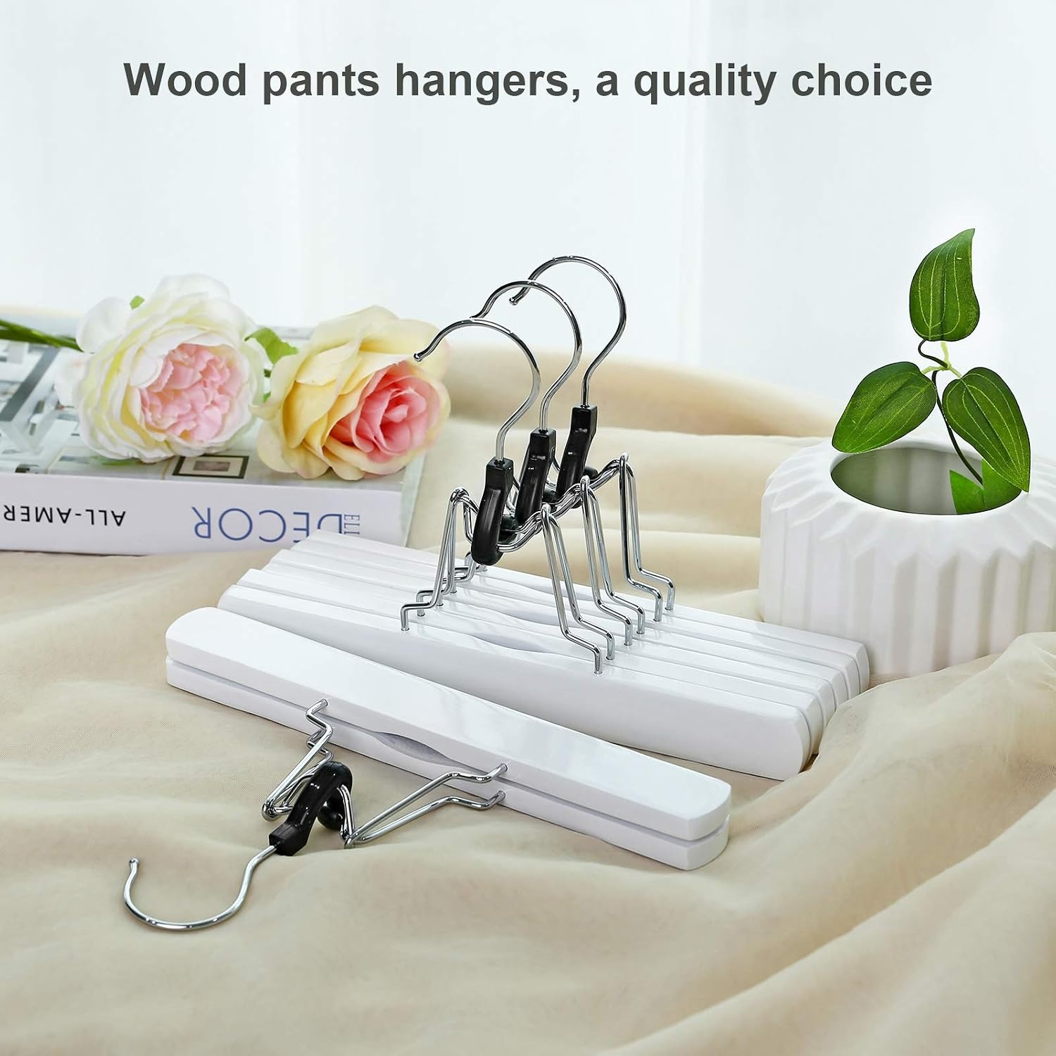 image:imageSONGMICS 12 Pack Wooden Pants Hangers Premium Solid Wood with NonSlip Felt Hold Pants Tightly Smooth Finish Wood Skirt Hangers with 360 Swivel Hook White UCRW07W12