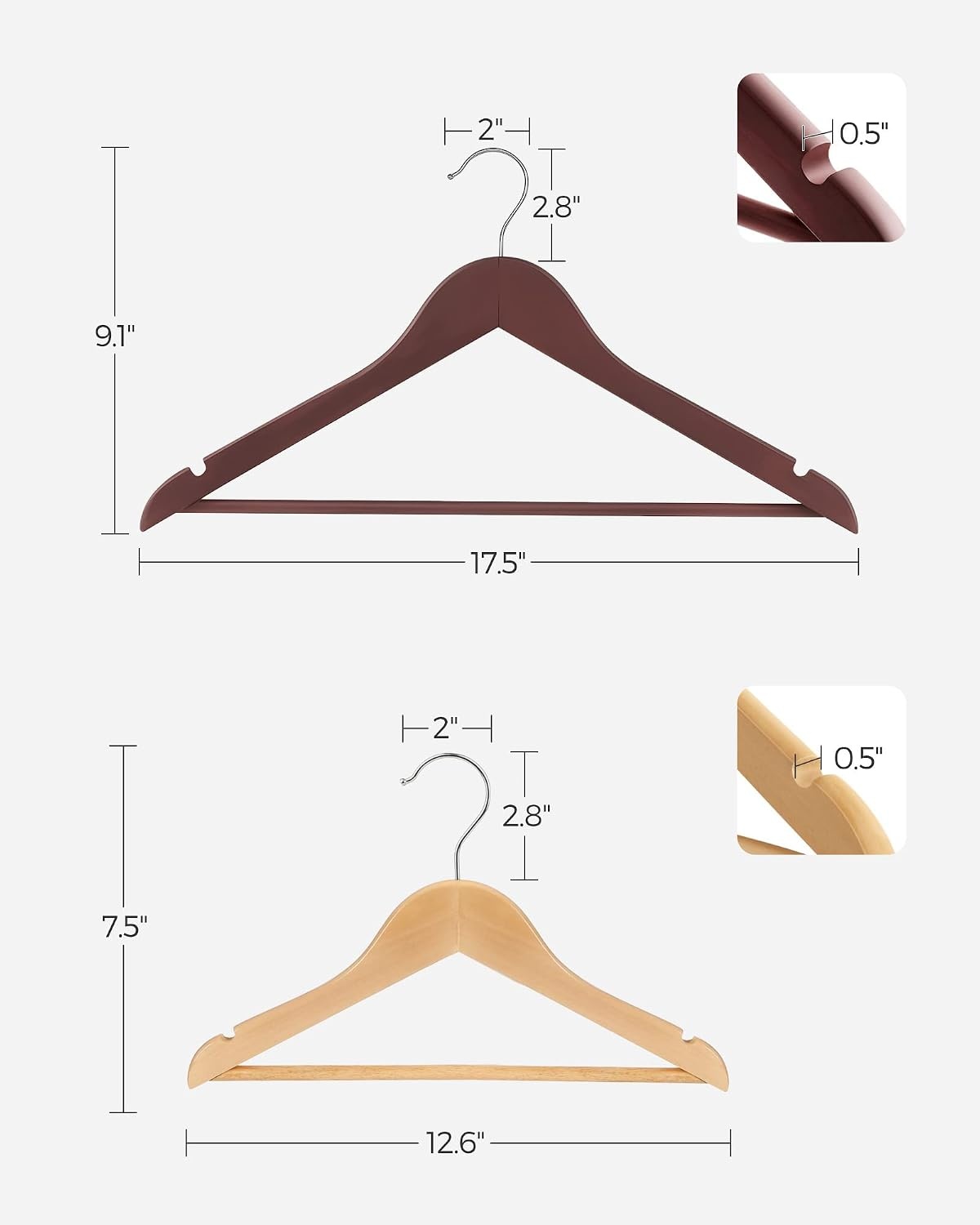 image:imageSONGMICS 20 Adult Hangers and 20 Kids Hangers Bundle NonSlip Coat Hangers Childrens Coat Hangers with Shoulder Notches Swivel Hooks Cheery Natural and Silver UCRW011K02 and UCRW06NL