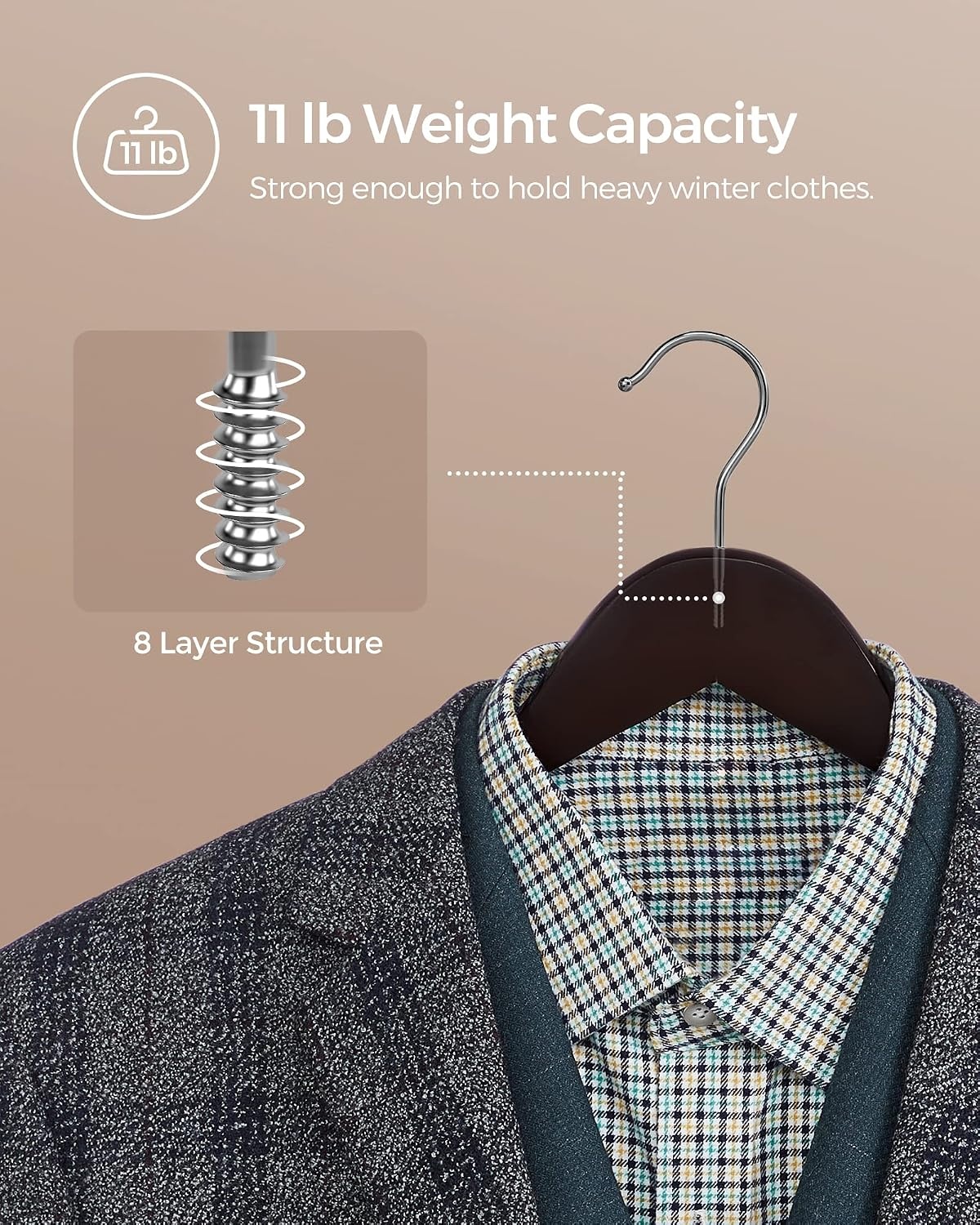 image:imageSONGMICS 20 Clothes Hangers and 12 Pants Hangers Bundle Solid Wood Hangers with Metal Clips 360 Swivel Hooks for Shirts Jackets Jeans Skirts Black and Natural UCRW05K20 and UCRW00812