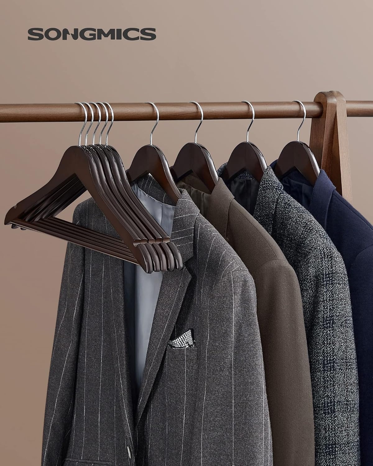 image:imageSONGMICS 20 Clothes Hangers and 12 Pants Hangers Bundle Solid Wood Hangers with Metal Clips 360 Swivel Hooks for Shirts Jackets Jeans Skirts Black and Natural UCRW05K20 and UCRW00812