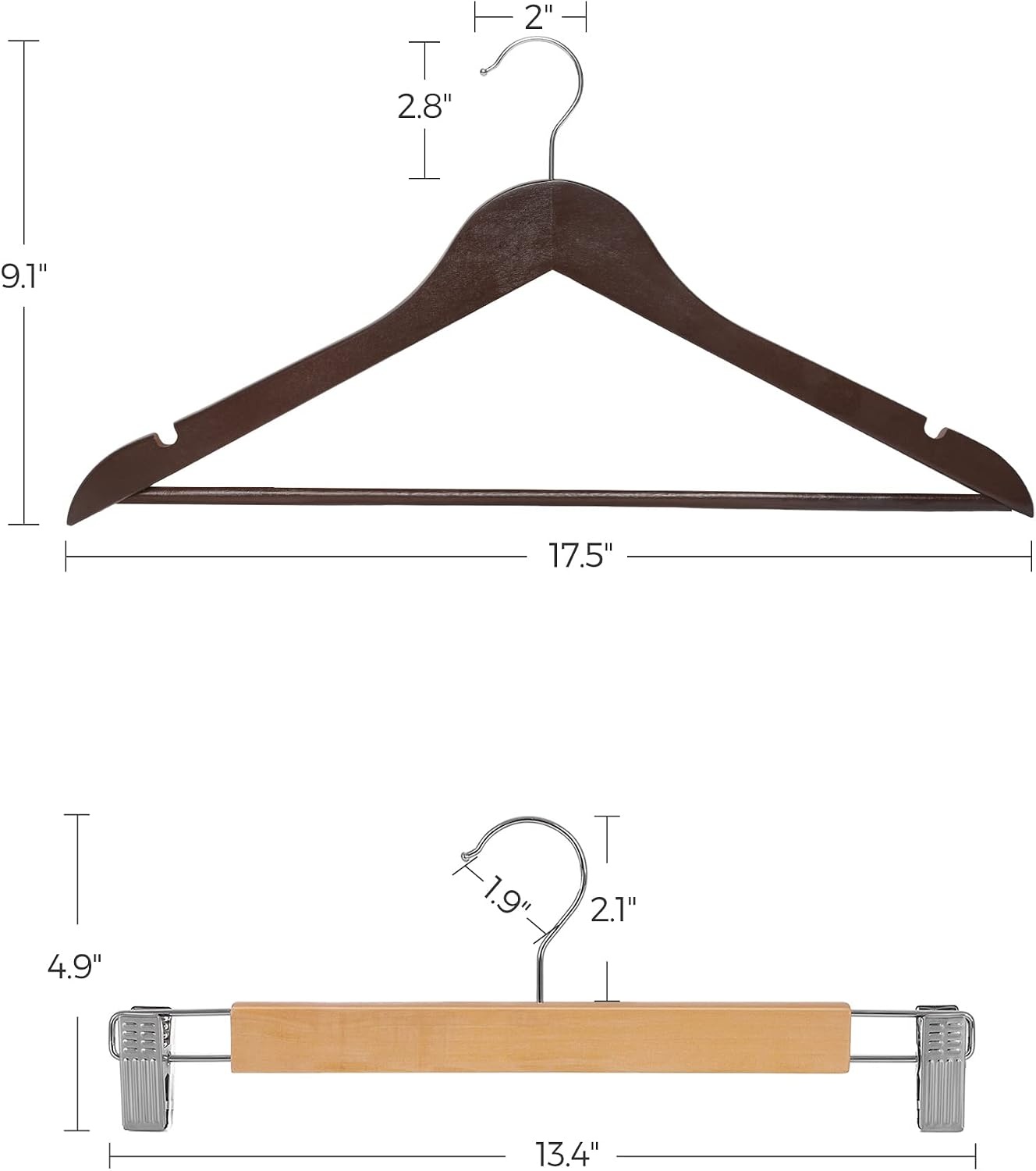 image:imageSONGMICS 20 Clothes Hangers and 12 Pants Hangers Bundle Solid Wood Hangers with Metal Clips 360 Swivel Hooks for Shirts Jackets Jeans Skirts Black and Natural UCRW05K20 and UCRW00812