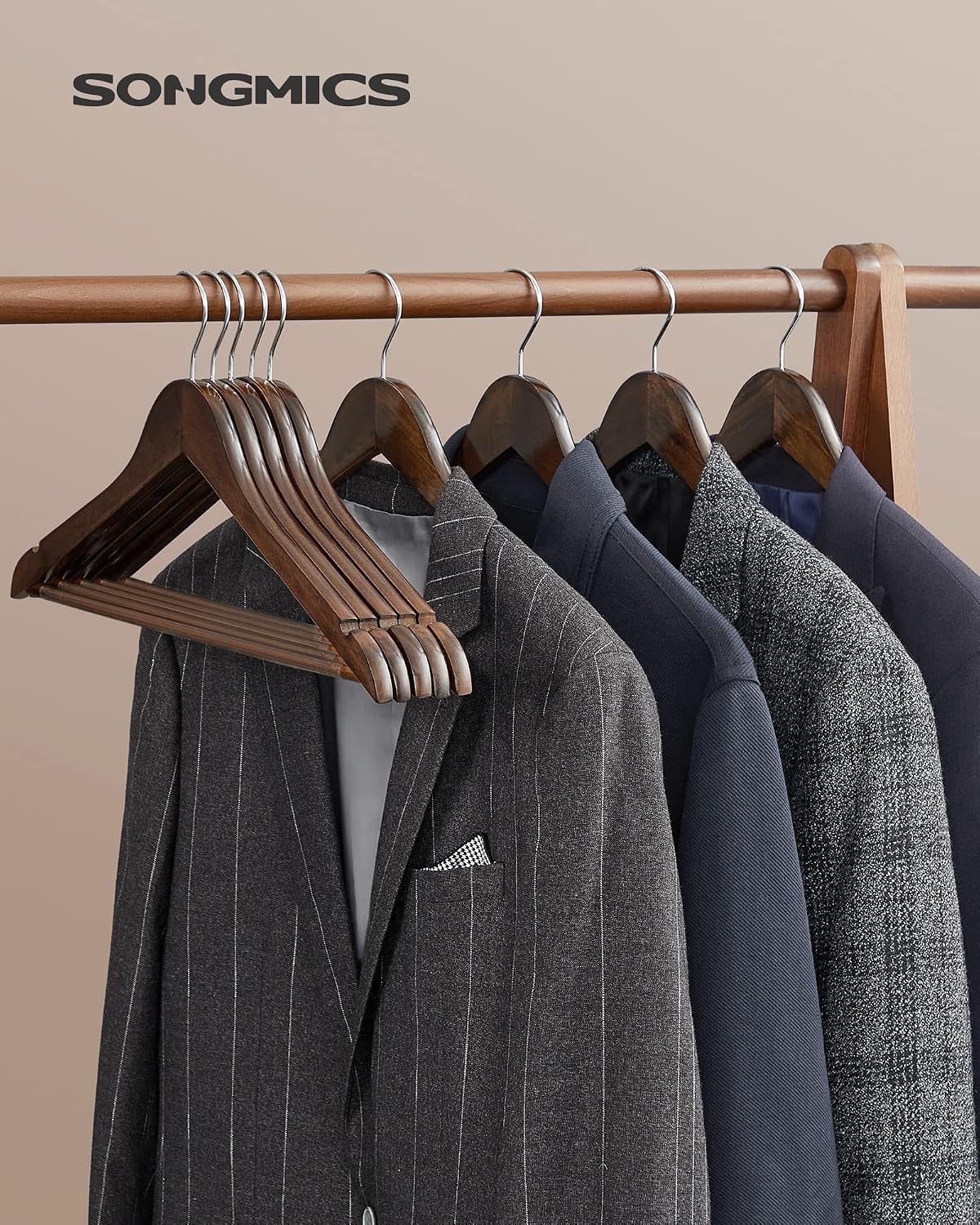 image:imageSONGMICS 20 Coat Hangers and 12 Pants Hangers Bundle Solid Wood Hangers for Shirts and Skirts Hangers NonSlip Jeans Hangers Natural and Dark Walnut UCRW02V20 and UCRW00712