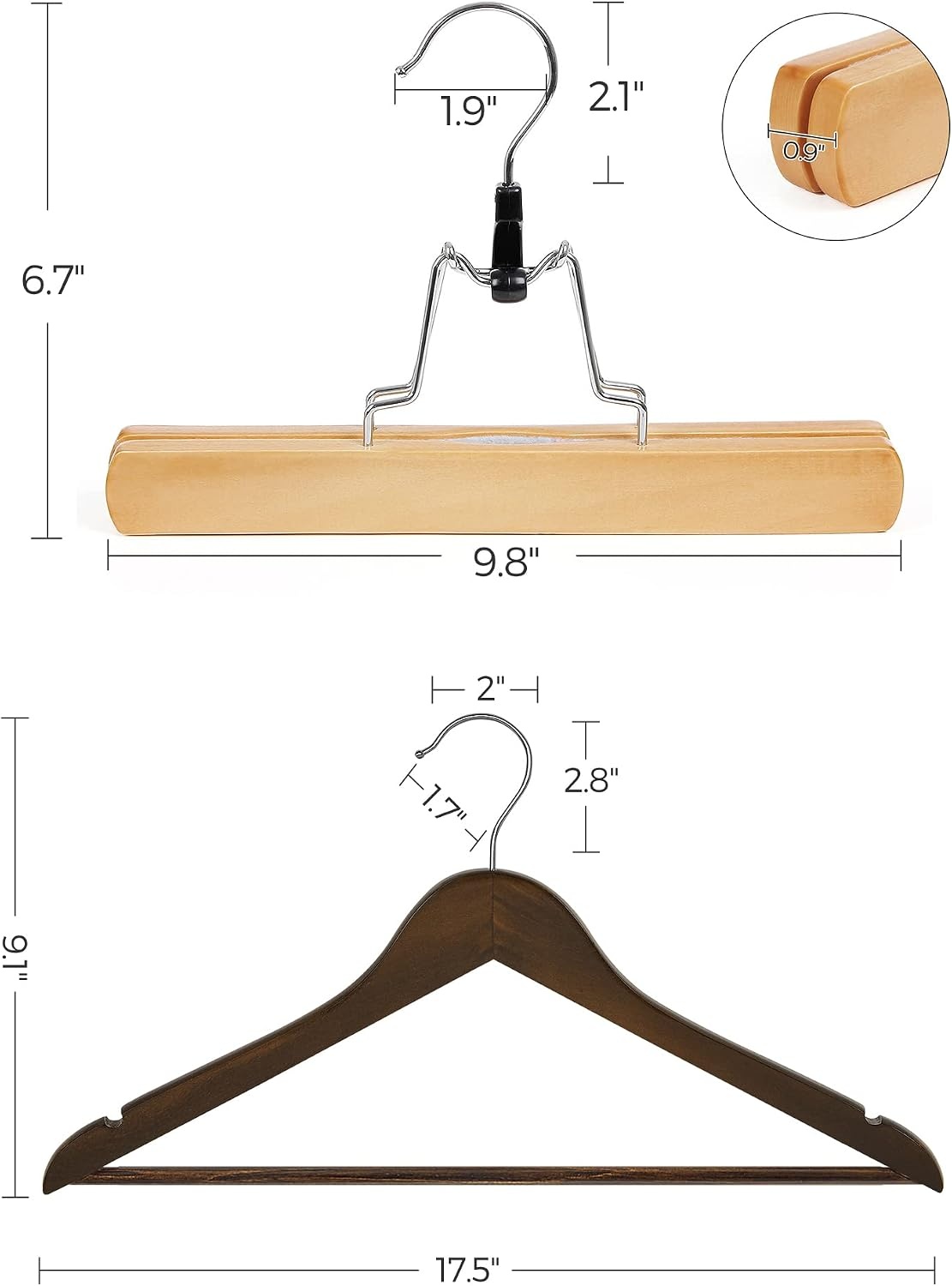 image:imageSONGMICS 20 Coat Hangers and 12 Pants Hangers Bundle Solid Wood Hangers for Shirts and Skirts Hangers NonSlip Jeans Hangers Natural and Dark Walnut UCRW02V20 and UCRW00712