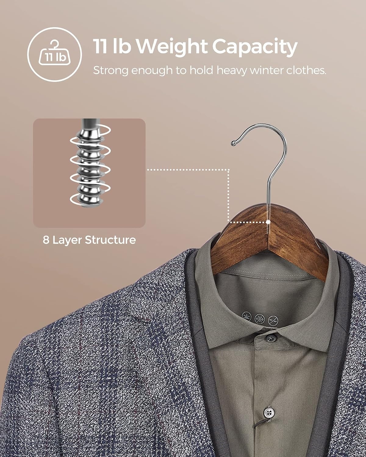 image:imageSONGMICS 20 Coat Hangers and 12 Pants Hangers Bundle Solid Wood Hangers for Shirts and Skirts Hangers NonSlip Jeans Hangers Natural and Dark Walnut UCRW02V20 and UCRW00712