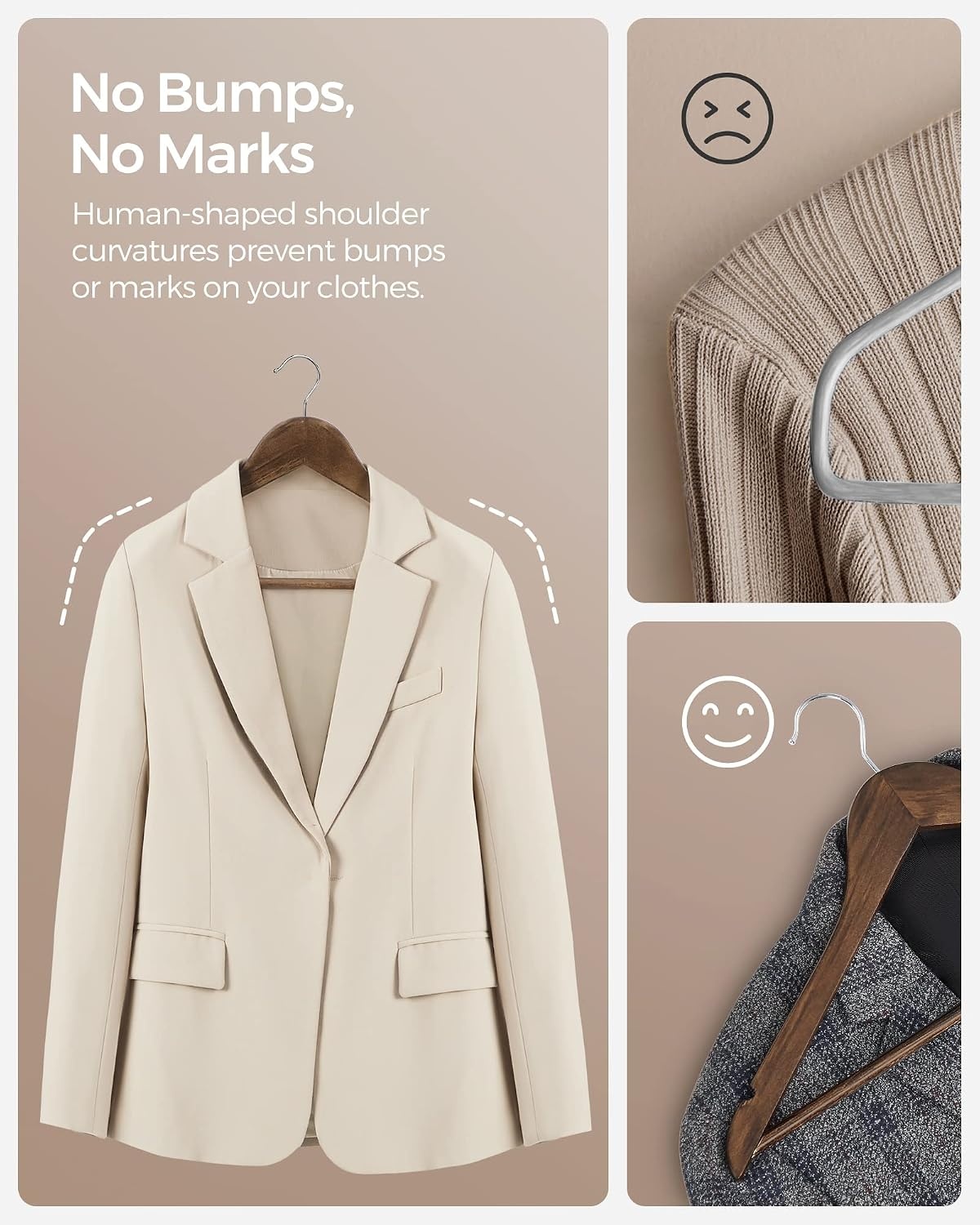image:imageSONGMICS 20 Coat Hangers and 12 Pants Hangers Bundle Solid Wood Hangers for Shirts and Skirts Hangers NonSlip Jeans Hangers Natural and Dark Walnut UCRW02V20 and UCRW00712
