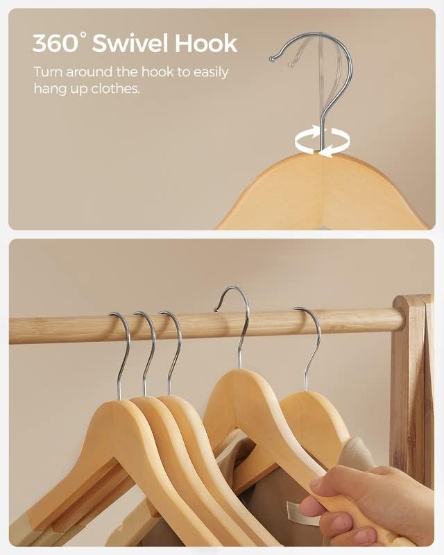 image:imageSONGMICS 20Pack Velvet Wooden Hangers and 20Pack Kids Hangers Bundle NonSlip with Shoulder Grooves Pants Bar 360 Swivel Hook Natural and Silver