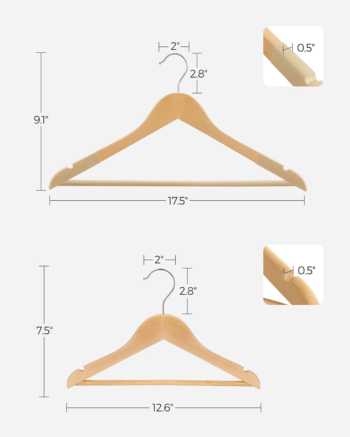 image:imageSONGMICS 20Pack Velvet Wooden Hangers and 20Pack Kids Hangers Bundle NonSlip with Shoulder Grooves Pants Bar 360 Swivel Hook Natural and Silver