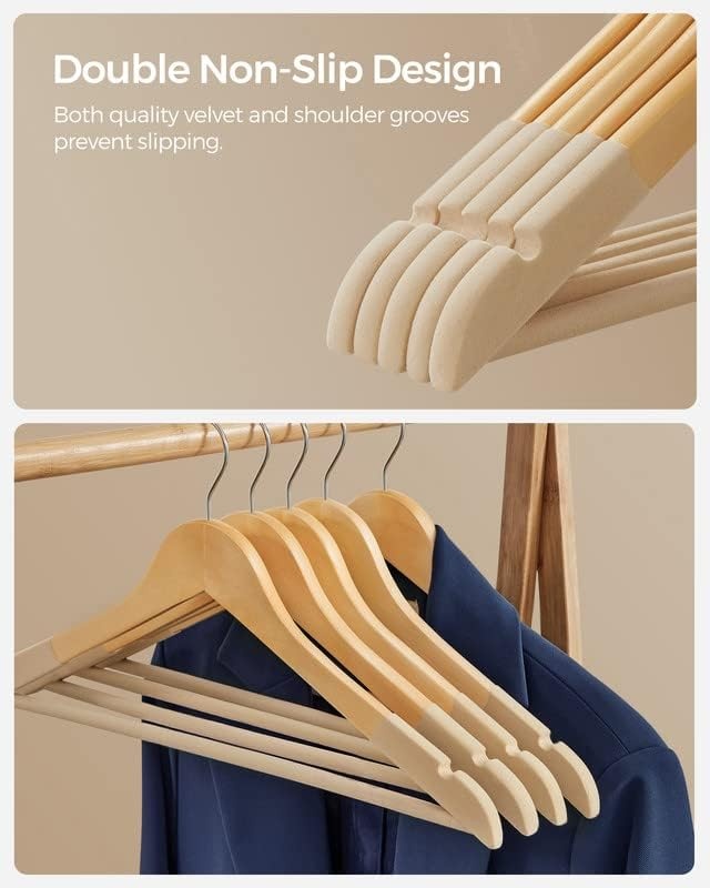 image:imageSONGMICS 20Pack Velvet Wooden Hangers and 20Pack Kids Hangers Bundle NonSlip with Shoulder Grooves Pants Bar 360 Swivel Hook Natural and Silver