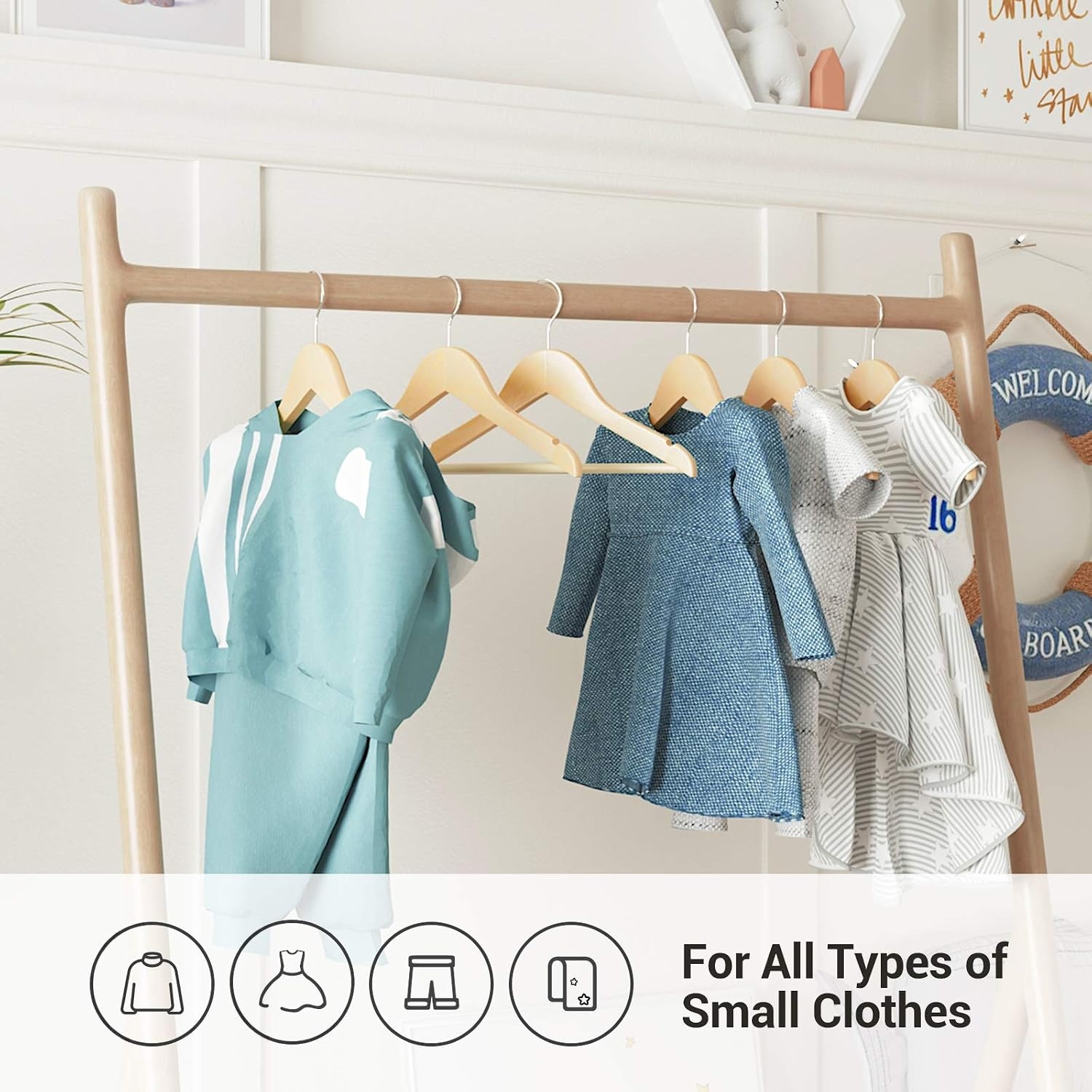 image:imageSONGMICS 20Pack Velvet Wooden Hangers and 20Pack Kids Hangers Bundle NonSlip with Shoulder Grooves Pants Bar 360 Swivel Hook Natural and Silver
