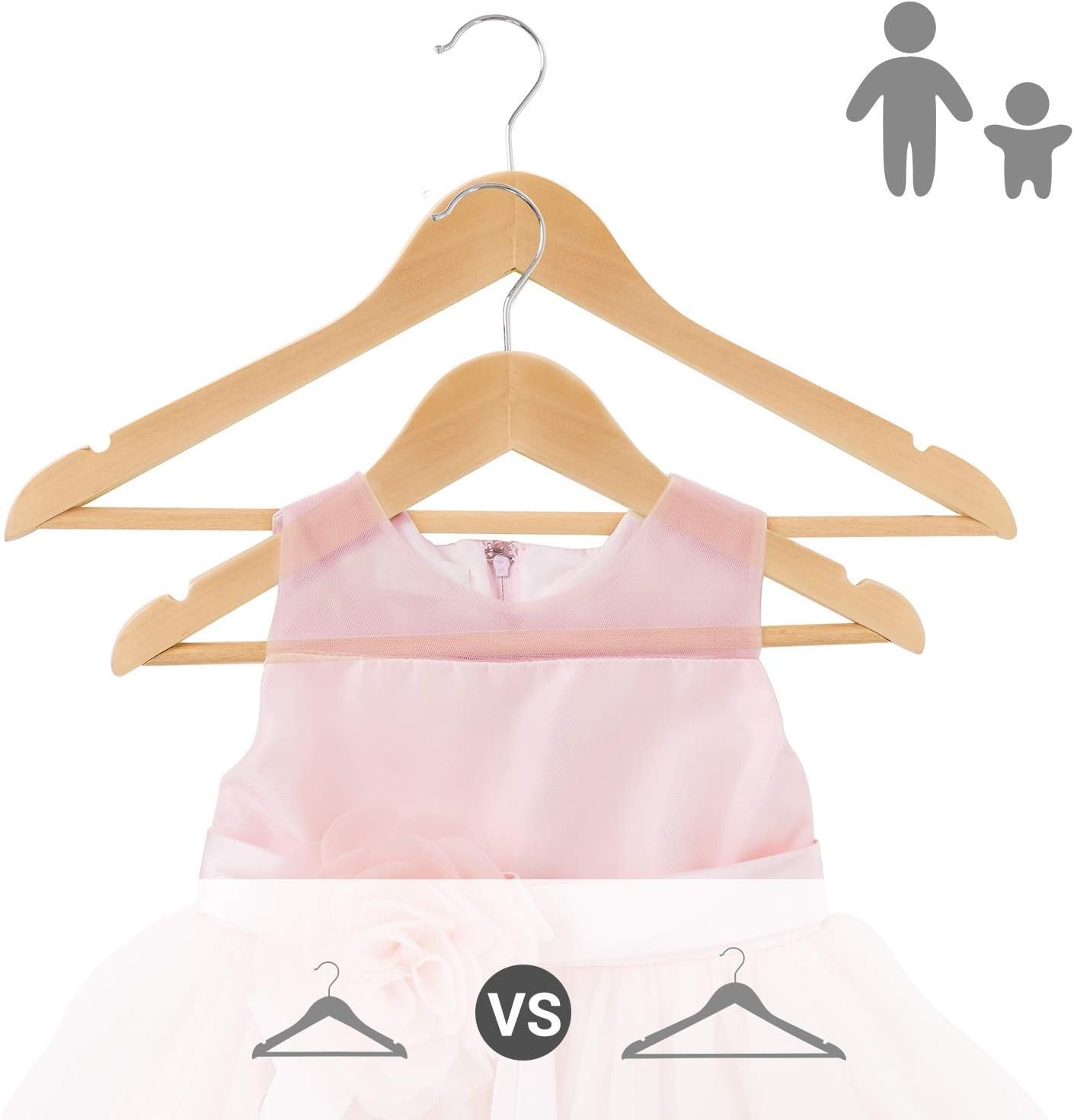 image:imageSONGMICS 20Pack Velvet Wooden Hangers and 20Pack Kids Hangers Bundle NonSlip with Shoulder Grooves Pants Bar 360 Swivel Hook Natural and Silver