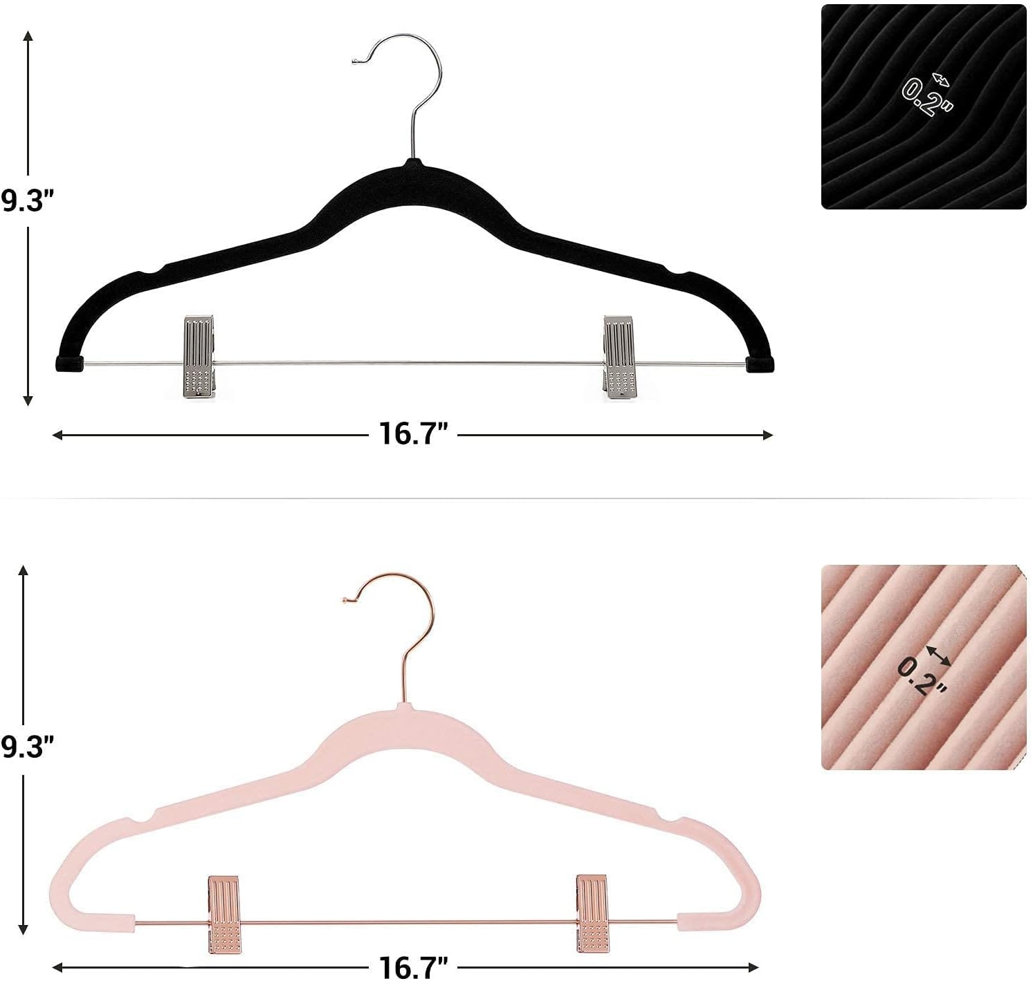 image:imageSONGMICS 30 Black Skirt Hangers Bundle with 24 Light Pink Pants Hangers 167Inch Coat Hangers with Moveable Clips HeavyDuty Black and Light Pink UCRF12B30 and UCRF14PK24