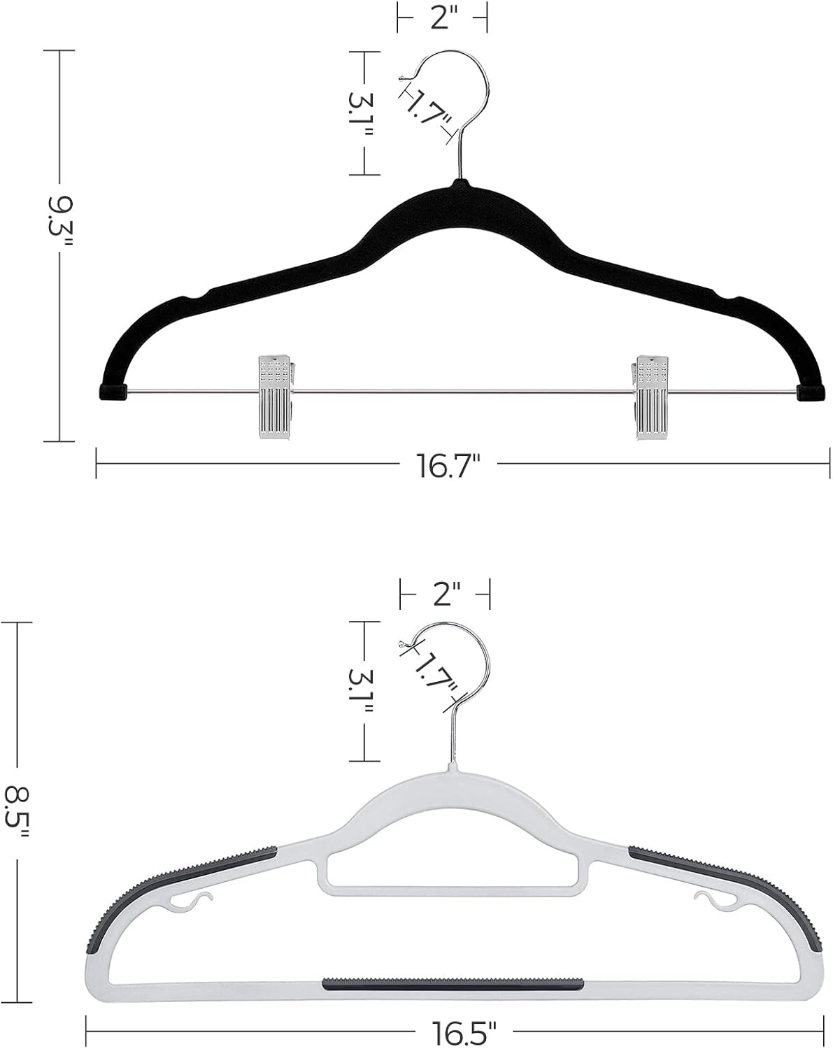 image:imageSONGMICS 30Pack Coat Hangers and 30Pack Pants Hangers Bundle NonSlip Velvet and Plastic Hangers Adjustable Metal Clips for Shirts Suits Light Gray Dark Gray Black UCRP20G30 and UCRF12B30
