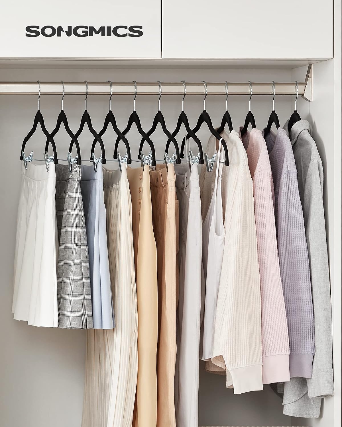 image:imageSONGMICS 30Pack Coat Hangers and 30Pack Pants Hangers Bundle NonSlip Velvet and Plastic Hangers Adjustable Metal Clips for Shirts Suits Light Gray Dark Gray Black UCRP20G30 and UCRF12B30