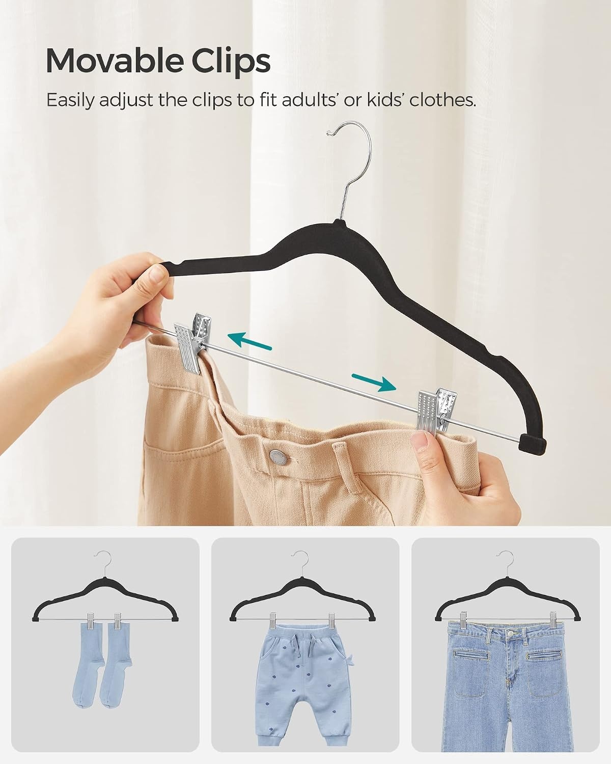 image:imageSONGMICS 30Pack Coat Hangers and 30Pack Pants Hangers Bundle NonSlip Velvet and Plastic Hangers Adjustable Metal Clips for Shirts Suits Light Gray Dark Gray Black UCRP20G30 and UCRF12B30