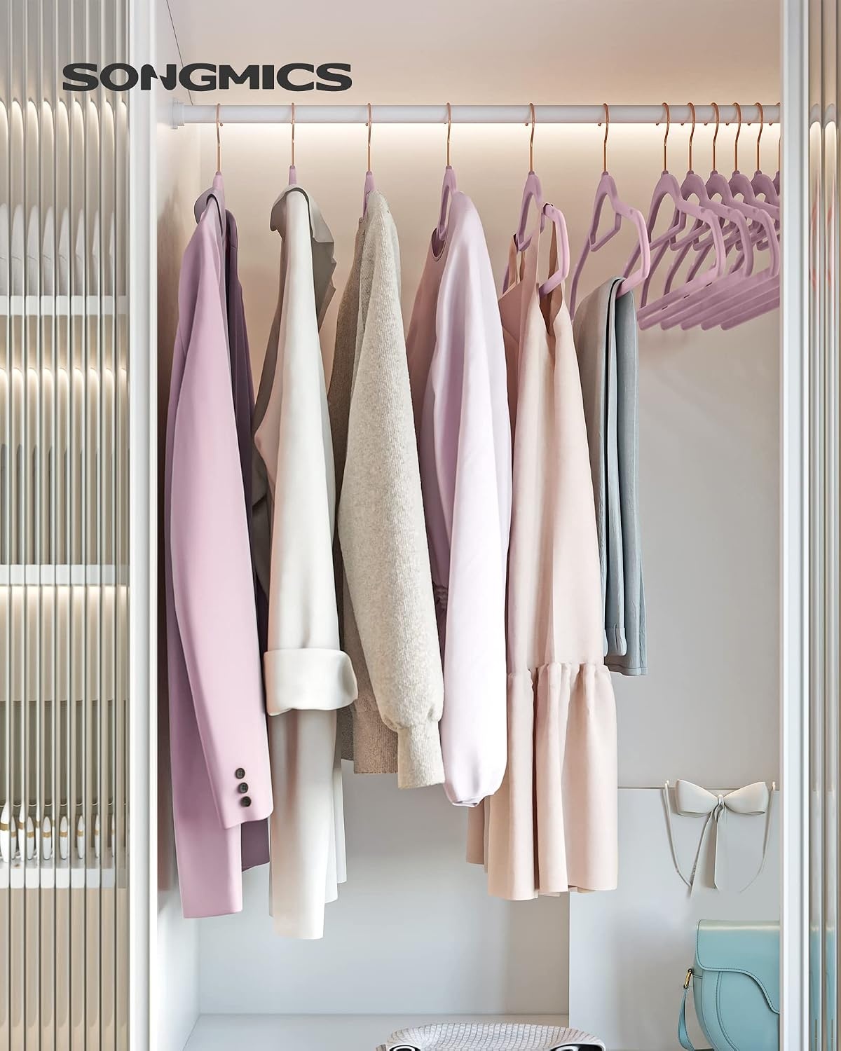 image:imageSONGMICS 30Pack Pants Hangers and 50Pack Clothes Hangers Bundle Velvet Hangers with Adjustable Clips and Swivel Hooks SpaceSaving Pale Purple UCRF012GP30 and UCRF021GP50