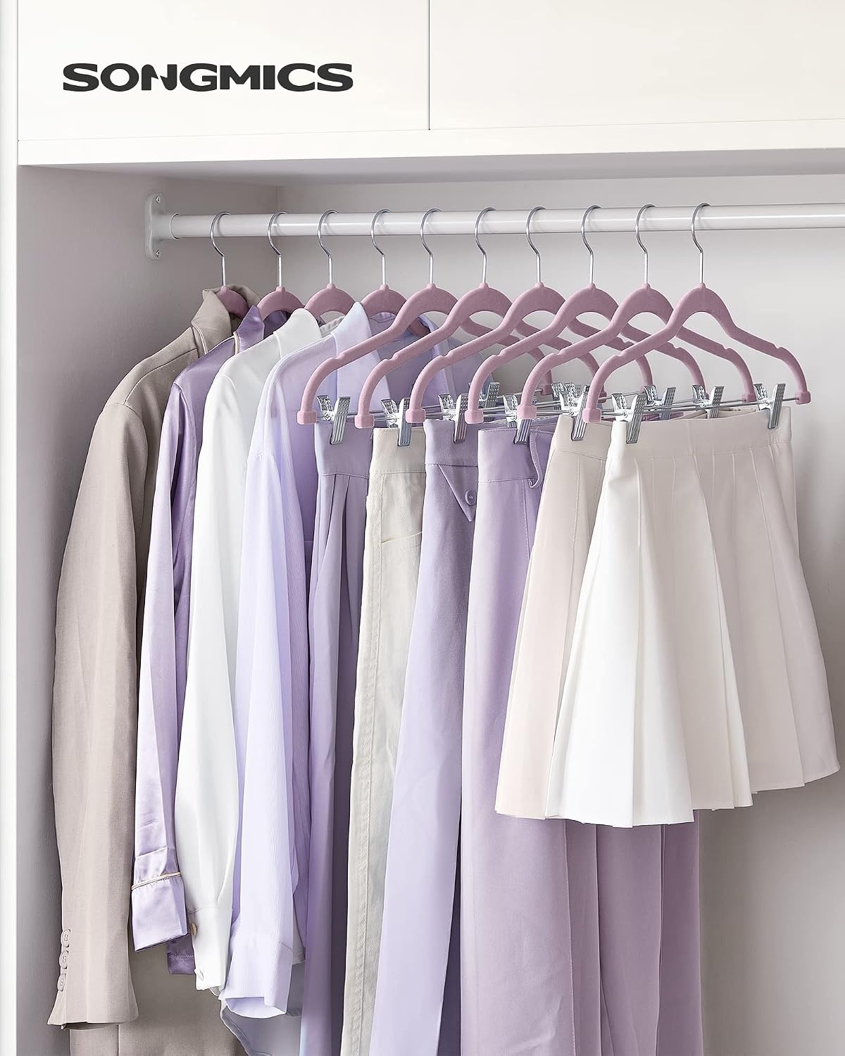 image:imageSONGMICS 30Pack Pants Hangers and 50Pack Clothes Hangers Bundle Velvet Hangers with Adjustable Clips and Swivel Hooks SpaceSaving Pale Purple and Pale Green UCRF012GP30 and UCRF021GR50