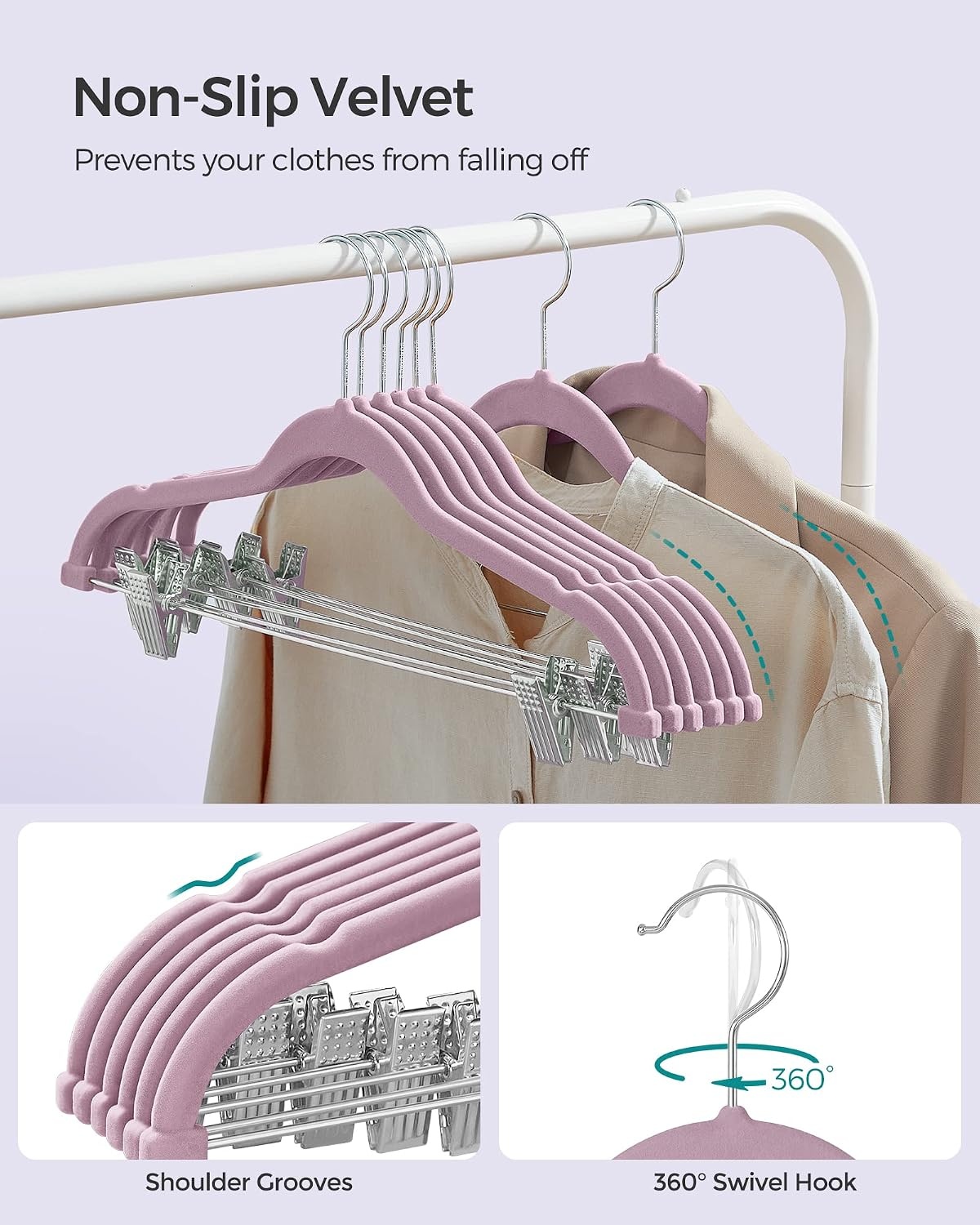 image:imageSONGMICS 30Pack amp 24Pack Pants Hangers Bundle Slim NonSlip SpaceSaving Adjustable Clips Velvet Finish Pink