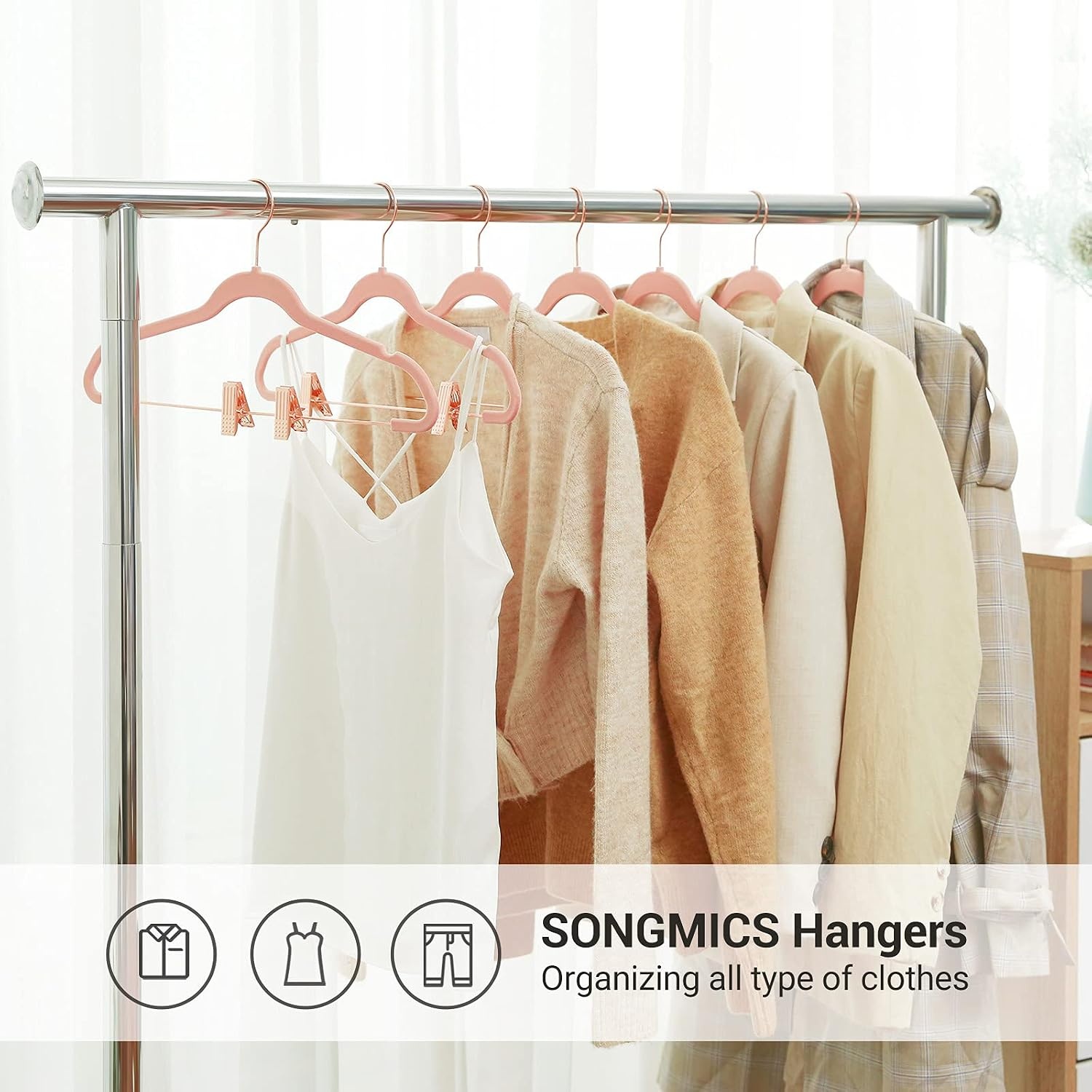 image:imageSONGMICS 30Pack amp 24Pack Pants Hangers Bundle Slim NonSlip SpaceSaving Adjustable Clips Velvet Finish Pink