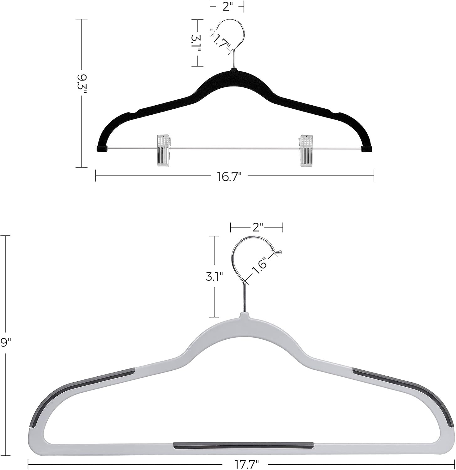 image:imageSONGMICS 50 Coat Hangers and 30 Velvet Pants Hanger Bundle Pants Organizers with Adjustable Clips SpaceSaving Plastic and Metal Hangers NonSlip Light and Dark Gray Black UCRF50G and UCRF12B30