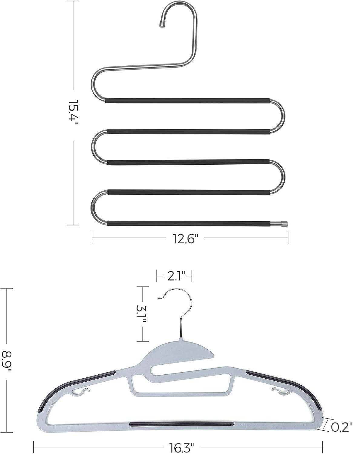 image:imageSONGMICS 50 Coat Hangers and 4 SShaped Pants Hangers Bundle Metal and Plastic NonSlip Hangers Heavy Duty Jeans Organizers Space Saving 360 Swivel Hook Gray and Black UCRP41G50 and UCRI043BK