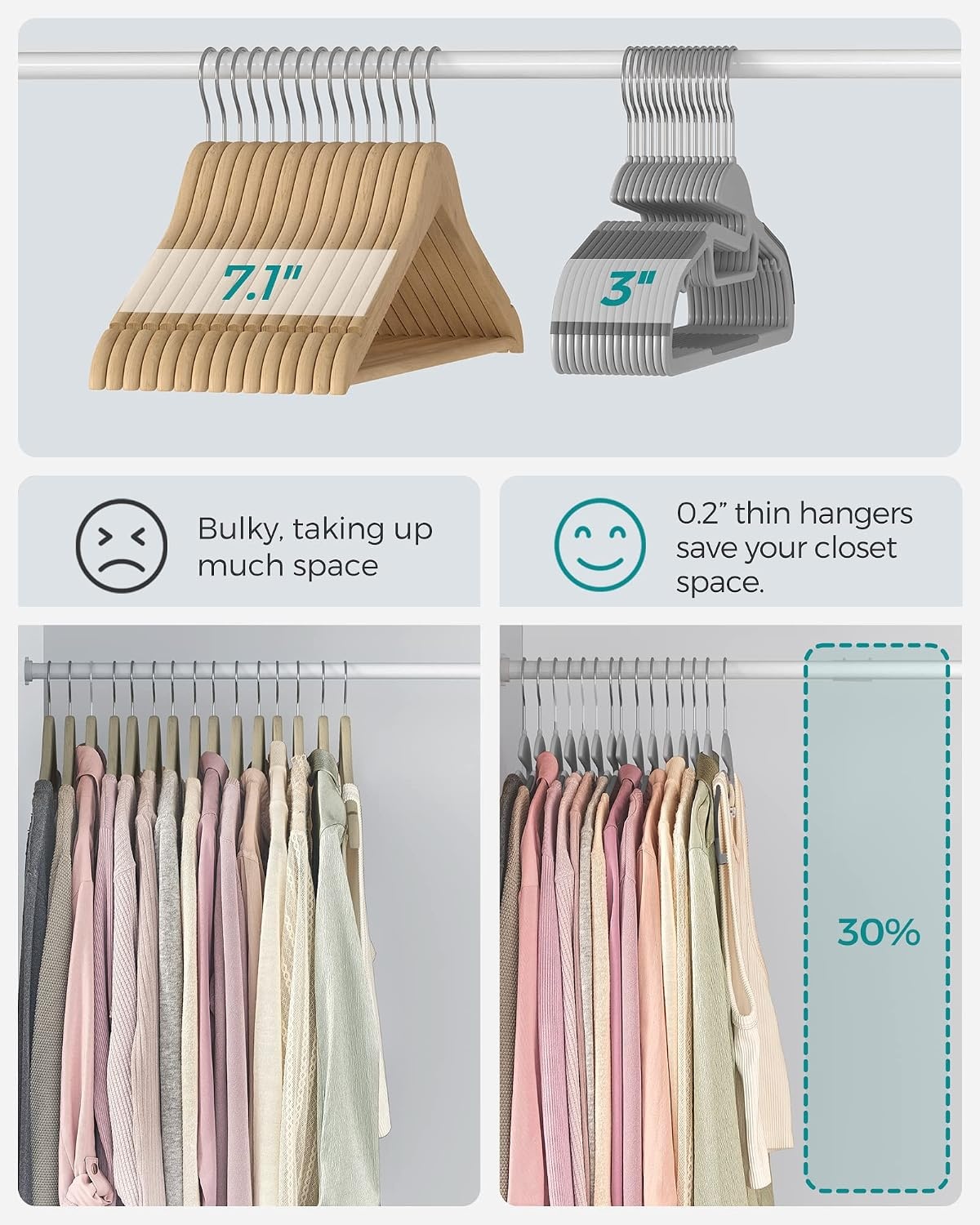 image:imageSONGMICS 50 Coat Hangers and 4 SShaped Pants Hangers Bundle Metal and Plastic NonSlip Hangers Heavy Duty Jeans Organizers Space Saving 360 Swivel Hook Gray and Black UCRP41G50 and UCRI043BK
